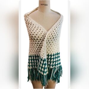 Handmade Boho Festival Knitted‎ Green & White Shawl With Fringe One Size